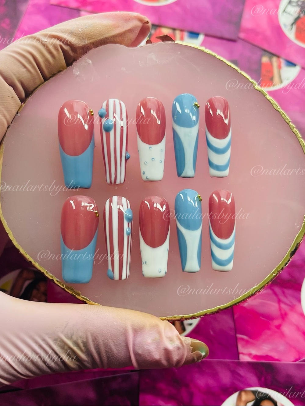 Press-On Nail Set – Dusty Rose, Baby Blue & White – Women Makeup Press-On Nails